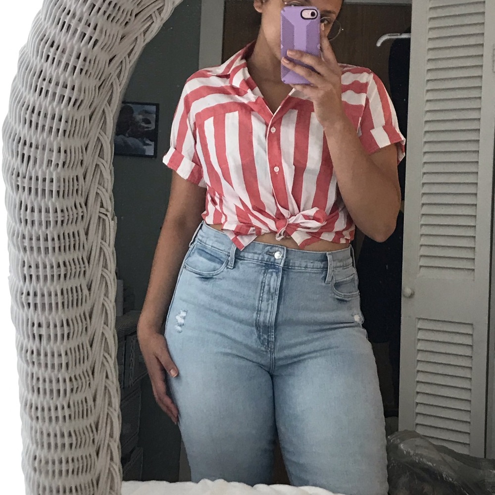 VINTAGE Pink and White Striped Button-Up